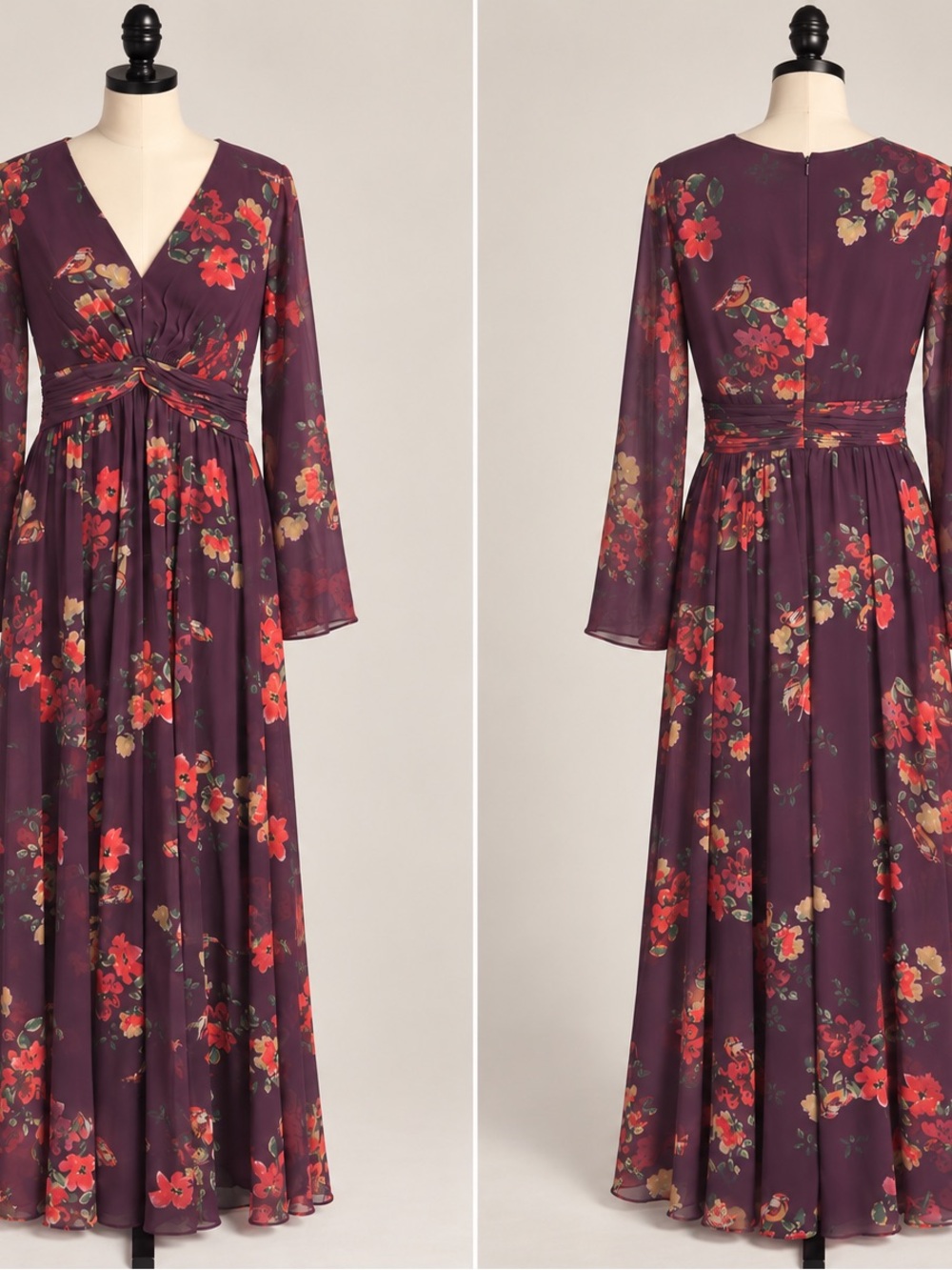 Mac Duggal Plum Floral V-Neck Maxi Dress with Red & Cream Accents